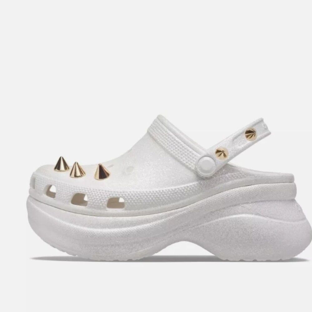 NEW Women's Crocs Classic Bae Glitter Stud Clog Wedge Sandals 206783-100 White